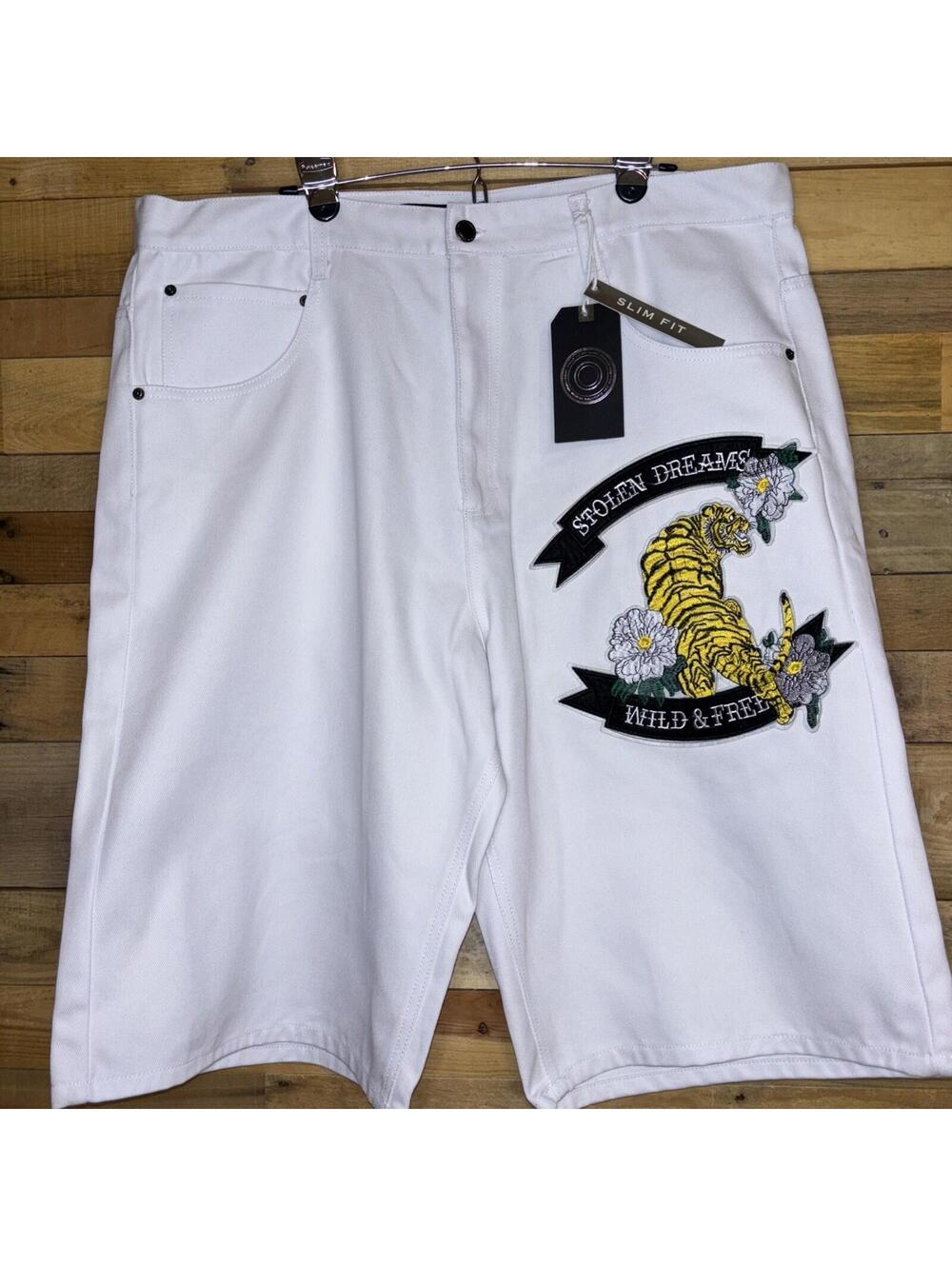 MAXI MILIAN Denim Shorts Men 44 NWT Tiger Patch Urban Streetwear Trendy White